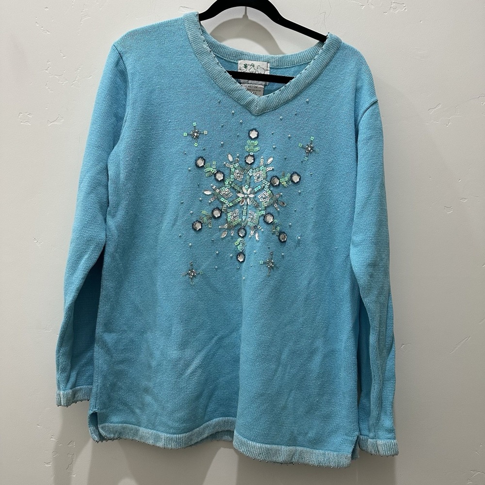 The‎ Quacker Factory Women's Blue Beaded Snowflake Sweater Top Size M Holiday
